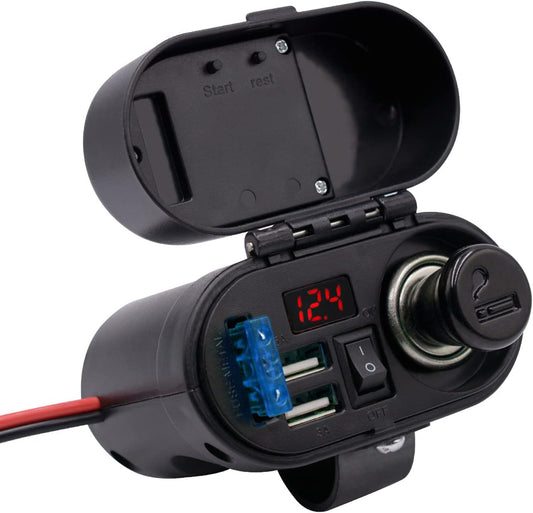 5V/3A Dual USB Charger Socket Waterproof Motorcycle Handlebar & Rear View Mirror Clamp Power Adapter Charger with Cigarette Lighter Socket, Voltmeter for Phones/Tablets/GPS (Black 1)