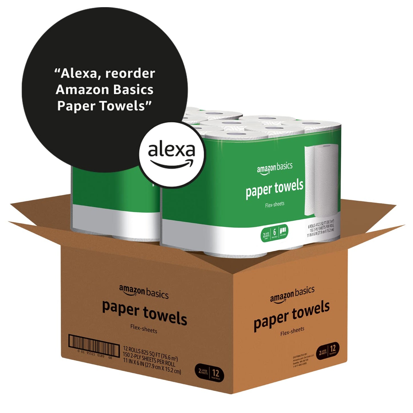 Amazon Basics 2-Ply Flex-Sheets Paper Towels, 12 Basics Rolls = 40 Regular Rolls, Everyday Value with 150 Sheets per Roll, Packaging May Vary