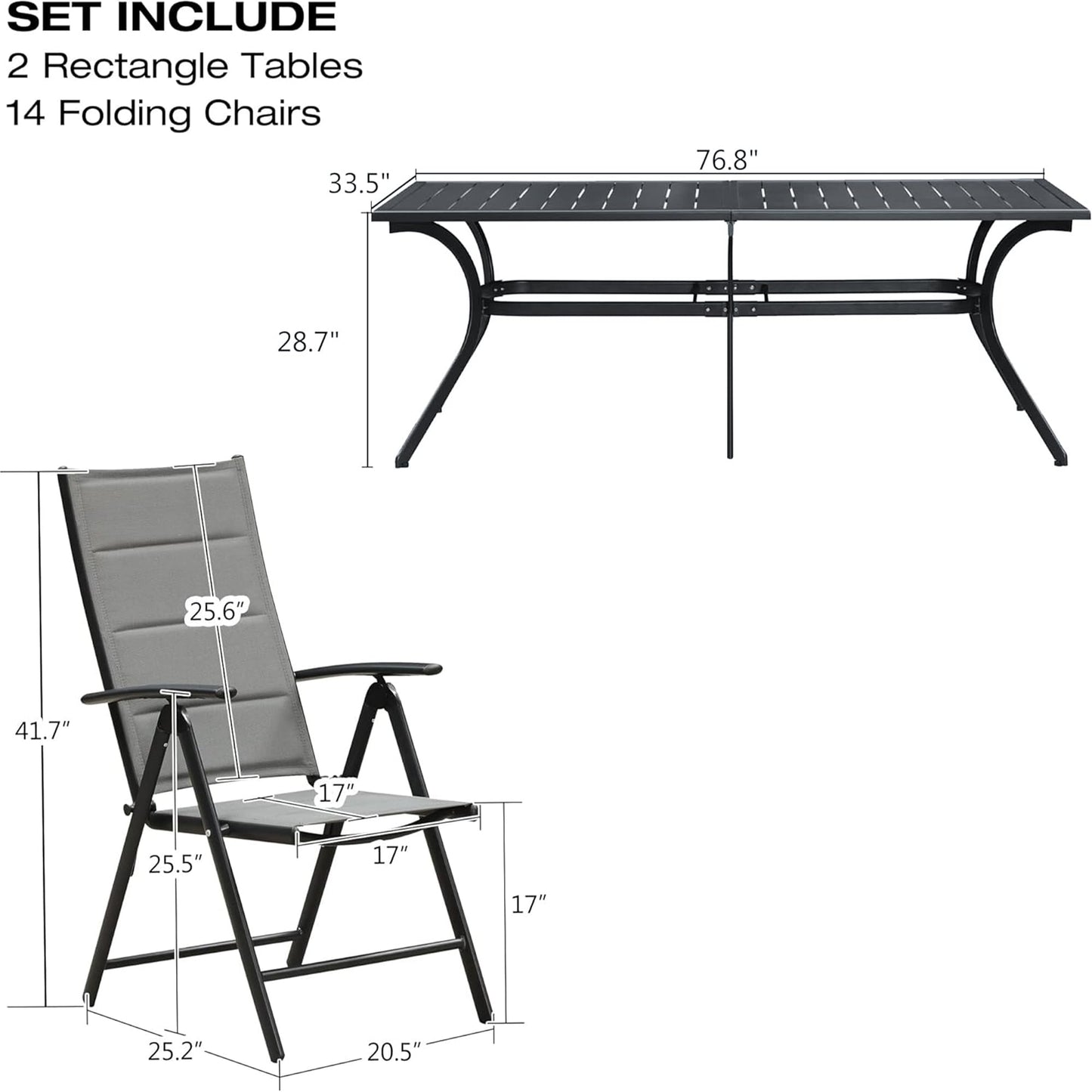 PURPLE LEAF 9 Pieces Outdoor Patio Dining Set with 8 Folding Portable Chairs and 1 Rectangle Aluminum Table, Foldable Adjustable High Back Reclining Chairs with Soft Cotton-Padded Seat, Grey
