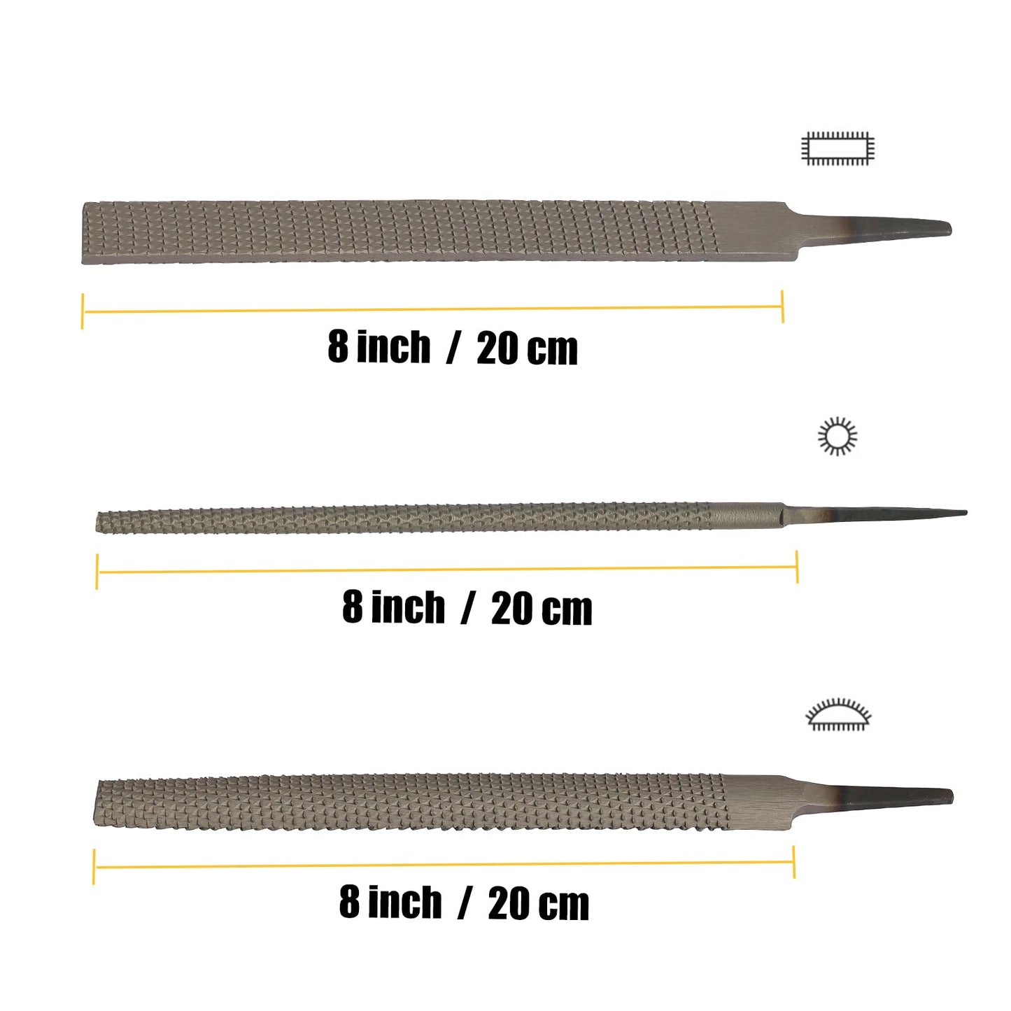 3-Piece 8" Wood Rasp File Set, Includes Flat/Half-Round/Round. For Woodworking & Sharping Wood