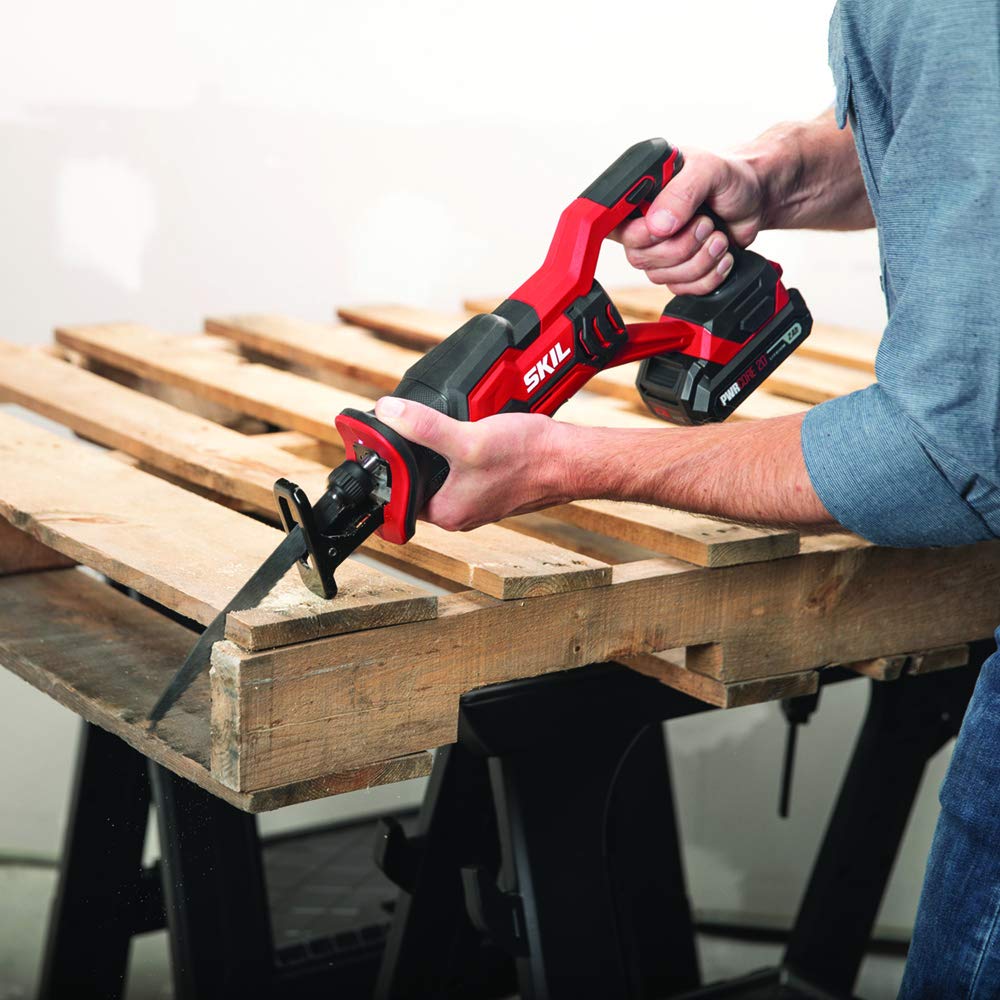 SKIL 20V 4-Tool Combo Kit: 20V Cordless Drill Driver Reciprocating Saw, Circular Saw and Spotlight, Includes Two 2.0Ah PWR CORE Lithium Batteries and One Charger - CB739701,Black, Red