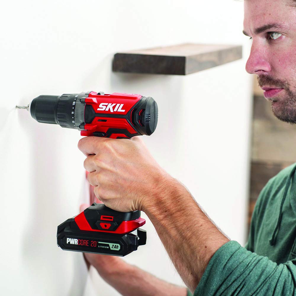 SKIL 20V 4-Tool Combo Kit: 20V Cordless Drill Driver Reciprocating Saw, Circular Saw and Spotlight, Includes Two 2.0Ah PWR CORE Lithium Batteries and One Charger - CB739701,Black, Red