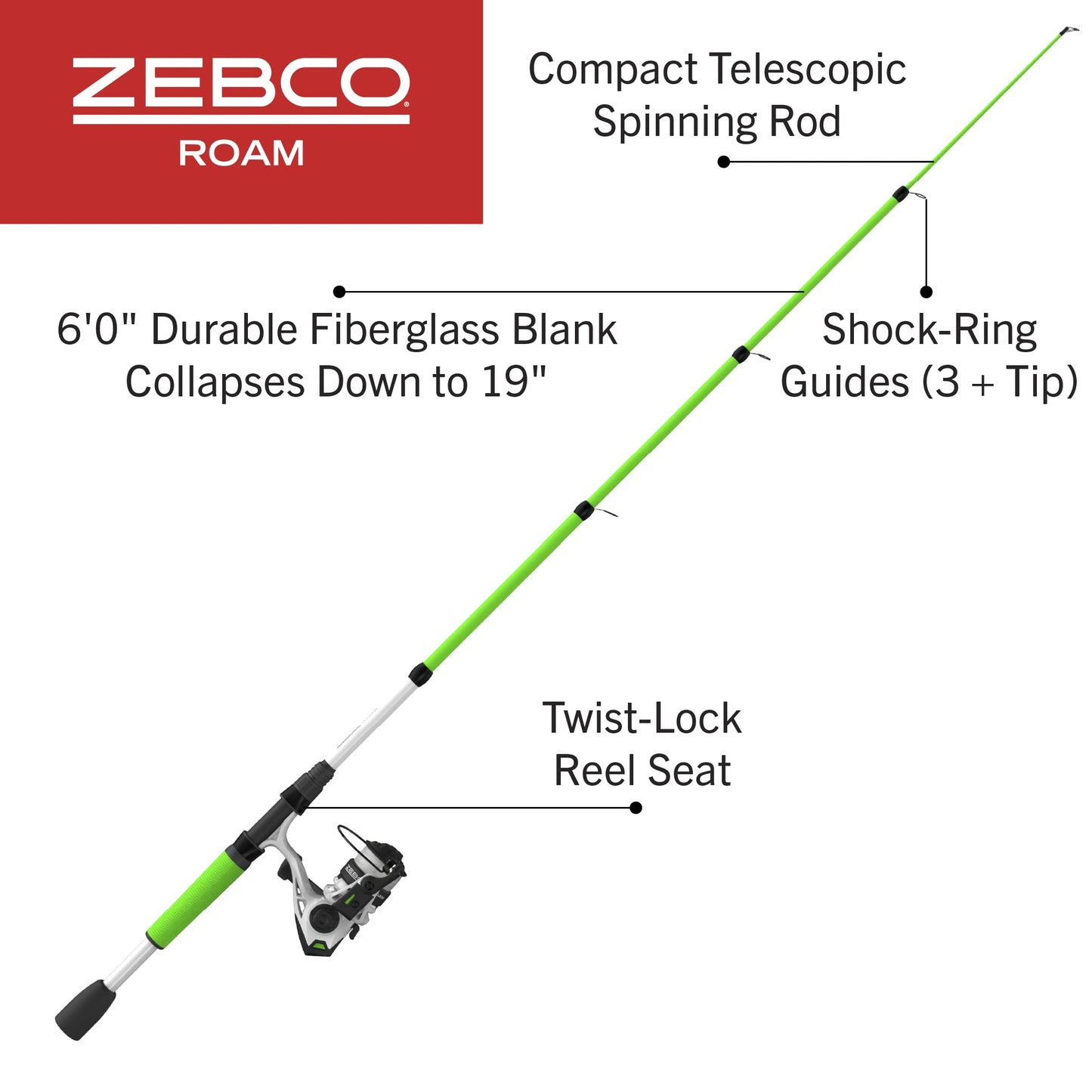 Zebco Roam Telescopic Fishing Rod and Spinning or Spincast Fishing Reel Combo, Durable 6-Foot Fiberglass Rod with ComfortGrip Handle, Pre-spooled with Zebco Cajun Fishing Line