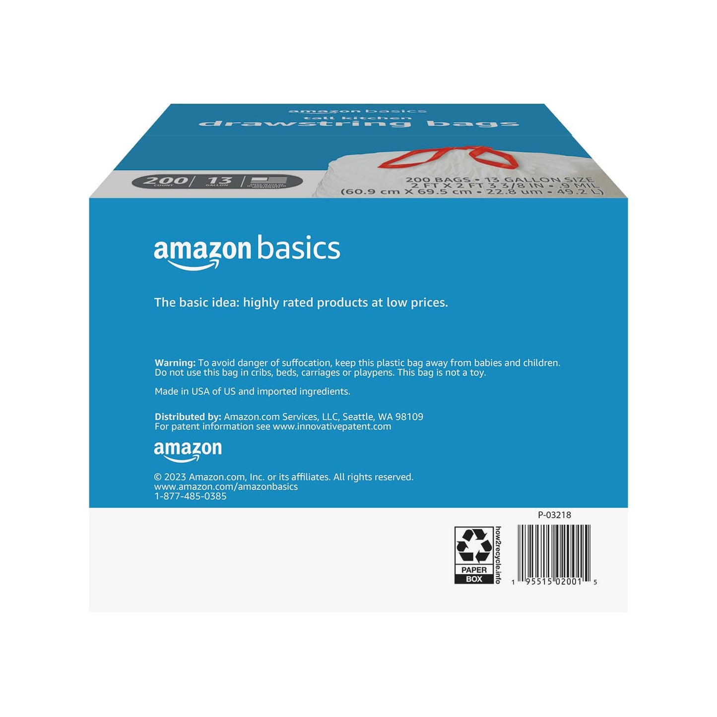 Amazon Basics Trash Bags, Tall Kitchen Drawstring, Unscented, 13 Gallon, 200 Count, Pack of 1