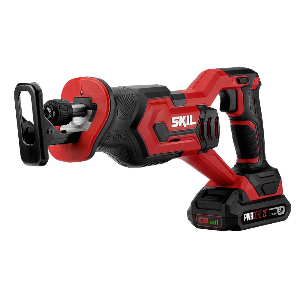 SKIL 20V 4-Tool Combo Kit: 20V Cordless Drill Driver Reciprocating Saw, Circular Saw and Spotlight, Includes Two 2.0Ah PWR CORE Lithium Batteries and One Charger - CB739701,Black, Red