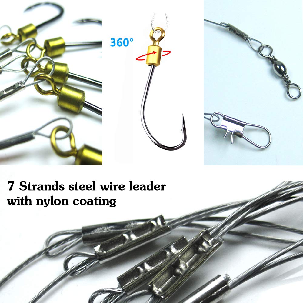 Fishing Hook with Leader,5 Hooks Fishing Rig-7 Strands Nylon Coated Fishing Leader with Swivle,Snap,Hooks