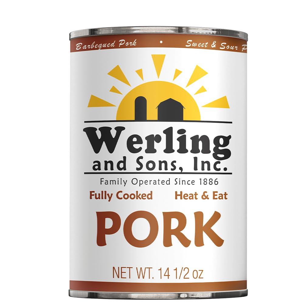 Werling & Sons Canned Pork 14.5 Oz Fully Cooked Ready to Eat Canned Meat Premium Quality Shelf Stable No Refrigeration Needed Perfect for Emergency Storage Camping Survival Canned Food Pack of 12