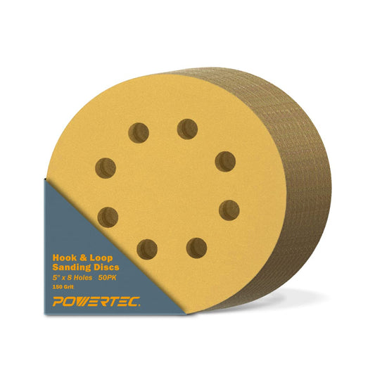 POWERTEC 50 PCS 220 Grit - 5 Inch 8 Hole Hook and Loop Sanding Discs, 5" Sanding Pads for Automotive, Drywall, Woodworking with Orbital Sander, Air, and DA Sander (44022G-50)