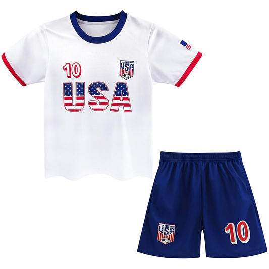 Kid USA Soccer Jersey and Shorts Set, #10 National Team Boy Girl Soccer Shirt Set Breathable Youth Football Shirt and Shorts for Training Match(7-8Y)