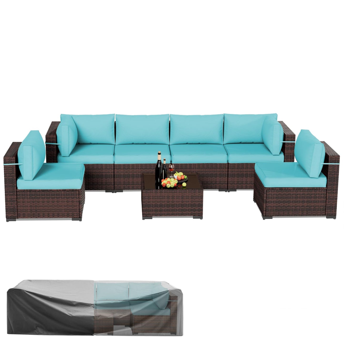 Amopatio Patio Furniture Sets, 7 Pieces Outdoor Rattan Sectional Sofa Set with Glass Table and Cushions, Wicker Patio Conversation Set for Outdoor Indoor Backyard Lawn Garden Porch (Grey)