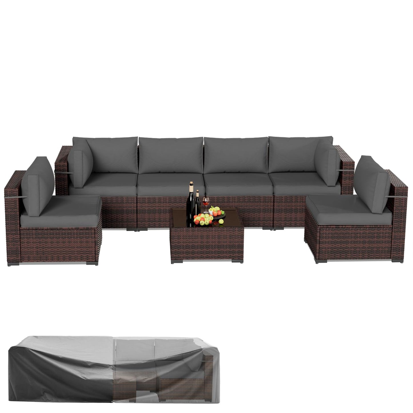 Amopatio Patio Furniture Sets, 7 Pieces Outdoor Rattan Sectional Sofa Set with Glass Table and Cushions, Wicker Patio Conversation Set for Outdoor Indoor Backyard Lawn Garden Porch (Grey)