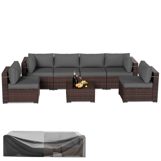 Amopatio Patio Furniture Sets, 7 Pieces Outdoor Rattan Sectional Sofa Set with Glass Table and Cushions, Wicker Patio Conversation Set for Outdoor Indoor Backyard Lawn Garden Porch (Grey)