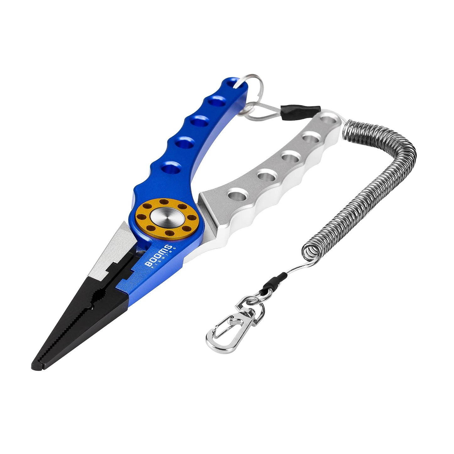 Booms Fishing X1 Aluminum Fishing Pliers Saltwater, Surf Fishing Tackle Kit, Fishing Multitool Hook Remover Braided Fishing Line Cutting and Split Ring with Coiled Lanyard and Sheath
