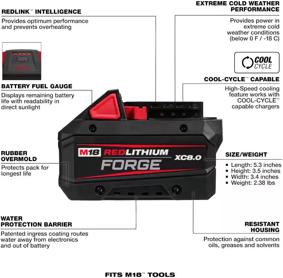 Milwaukee M18 18V Lithium-Ion REDLITHIUM Forge XC 8.0 Ah Battery Pack