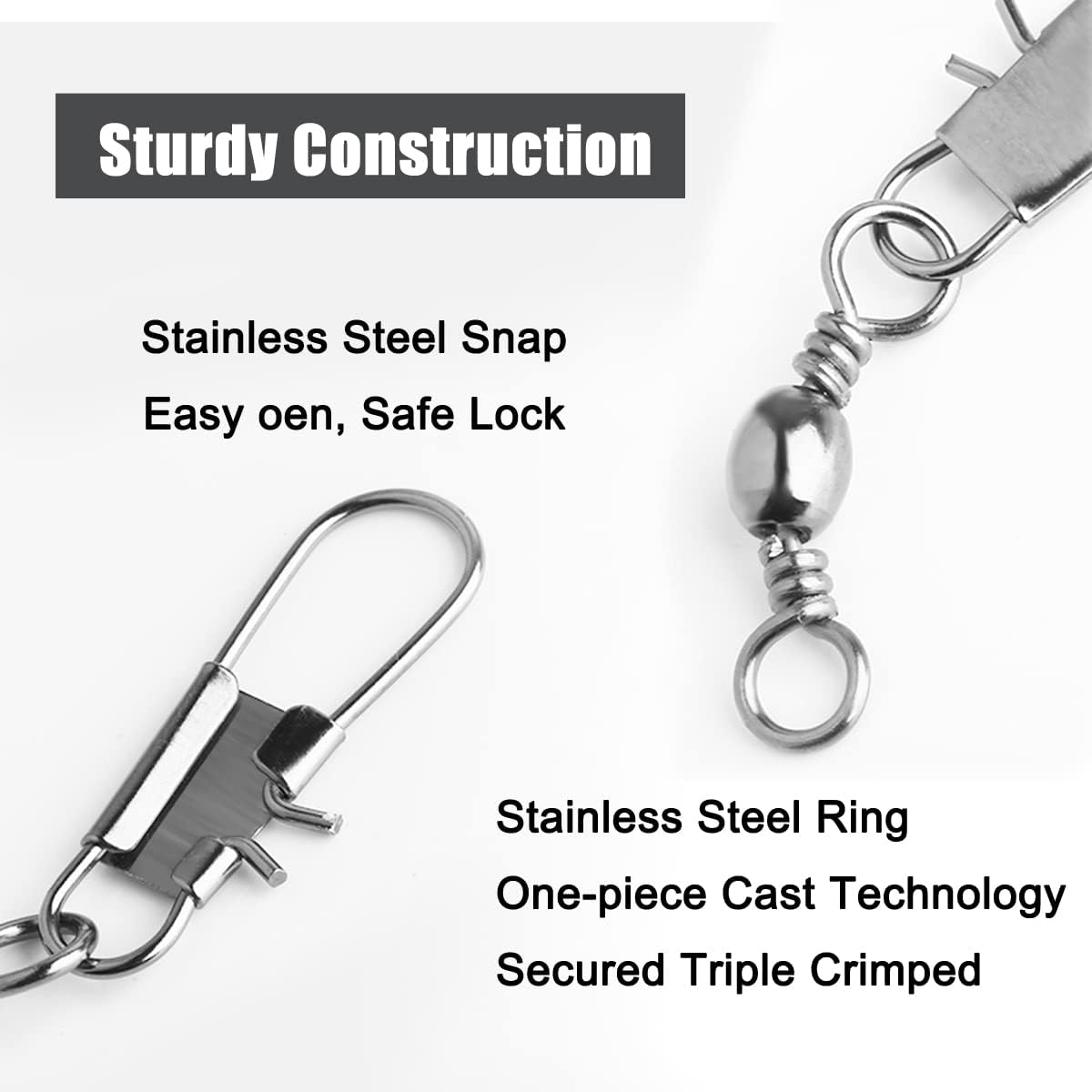 50/250pcs Fishing Barrel Swivels with Safety Snaps Swivel Stainless Steel High Strength Interlock Snap Swivels Rolling Connector Black Nickel Solid Ring Freshwater Fishing Tackles Accessories