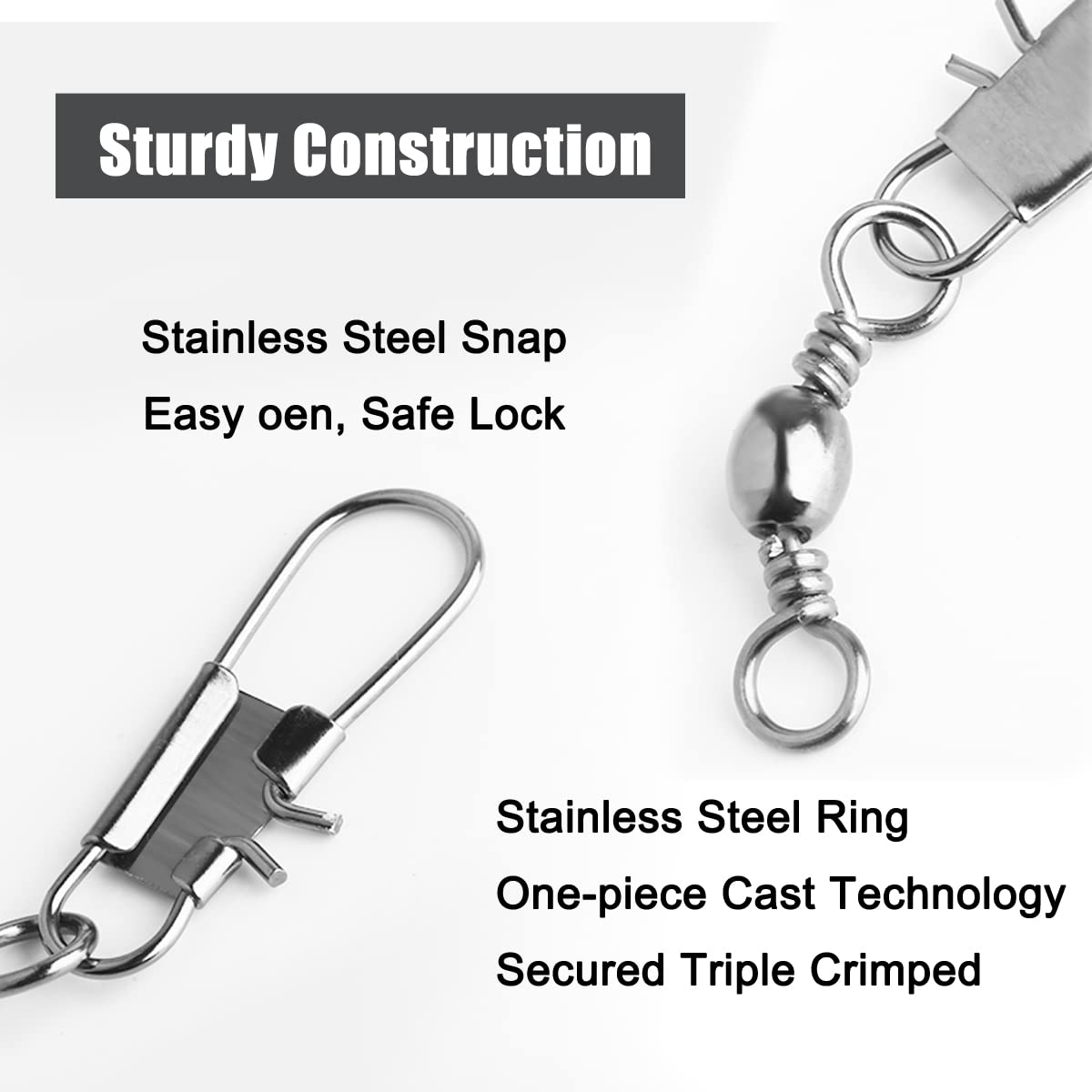50/250pcs Fishing Barrel Swivels with Safety Snaps Swivel Stainless Steel High Strength Interlock Snap Swivels Rolling Connector Black Nickel Solid Ring Freshwater Fishing Tackles Accessories