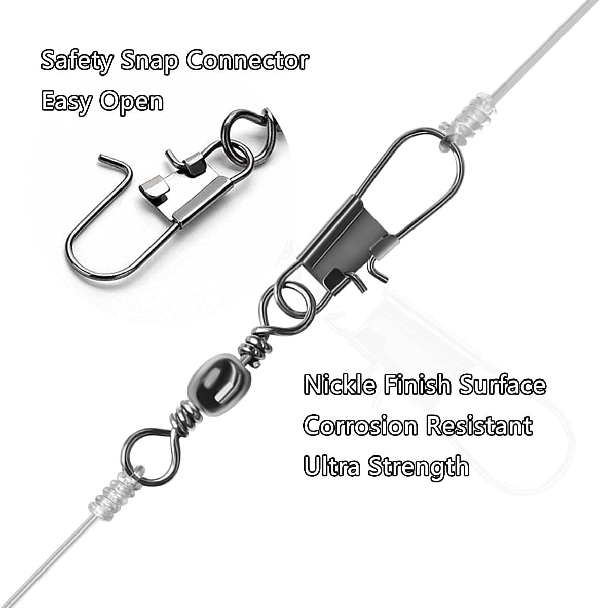50/250pcs Fishing Barrel Swivels with Safety Snaps Swivel Stainless Steel High Strength Interlock Snap Swivels Rolling Connector Black Nickel Solid Ring Freshwater Fishing Tackles Accessories