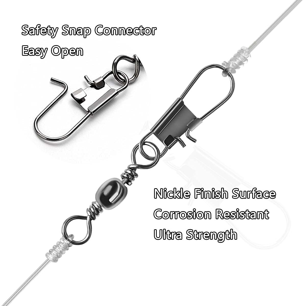 50/250pcs Fishing Barrel Swivels with Safety Snaps Swivel Stainless Steel High Strength Interlock Snap Swivels Rolling Connector Black Nickel Solid Ring Freshwater Fishing Tackles Accessories