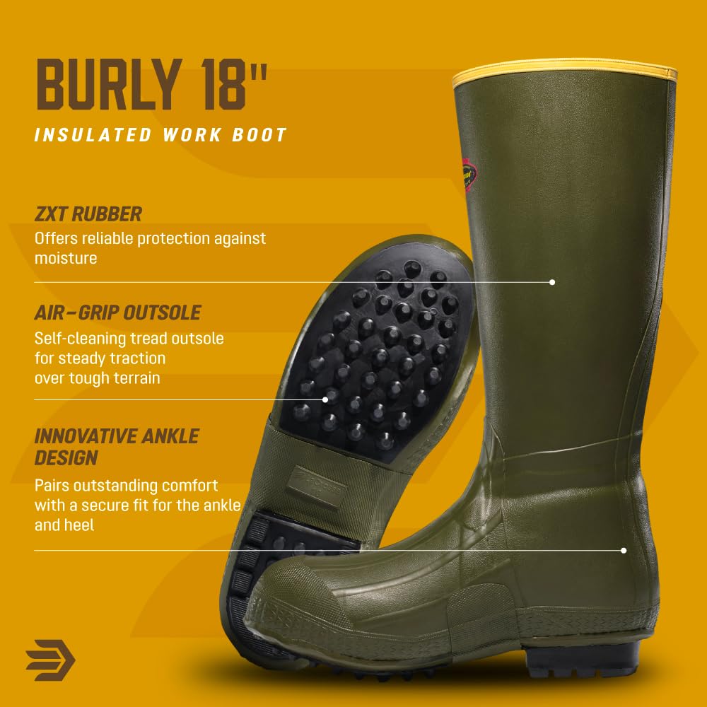 LaCrosse Burly 18” Waterproof Work Boots for Men - 100% Waterproof Rubber, with Insulating Wool Felt Midsole and High-Traction Air-Grip Outsole