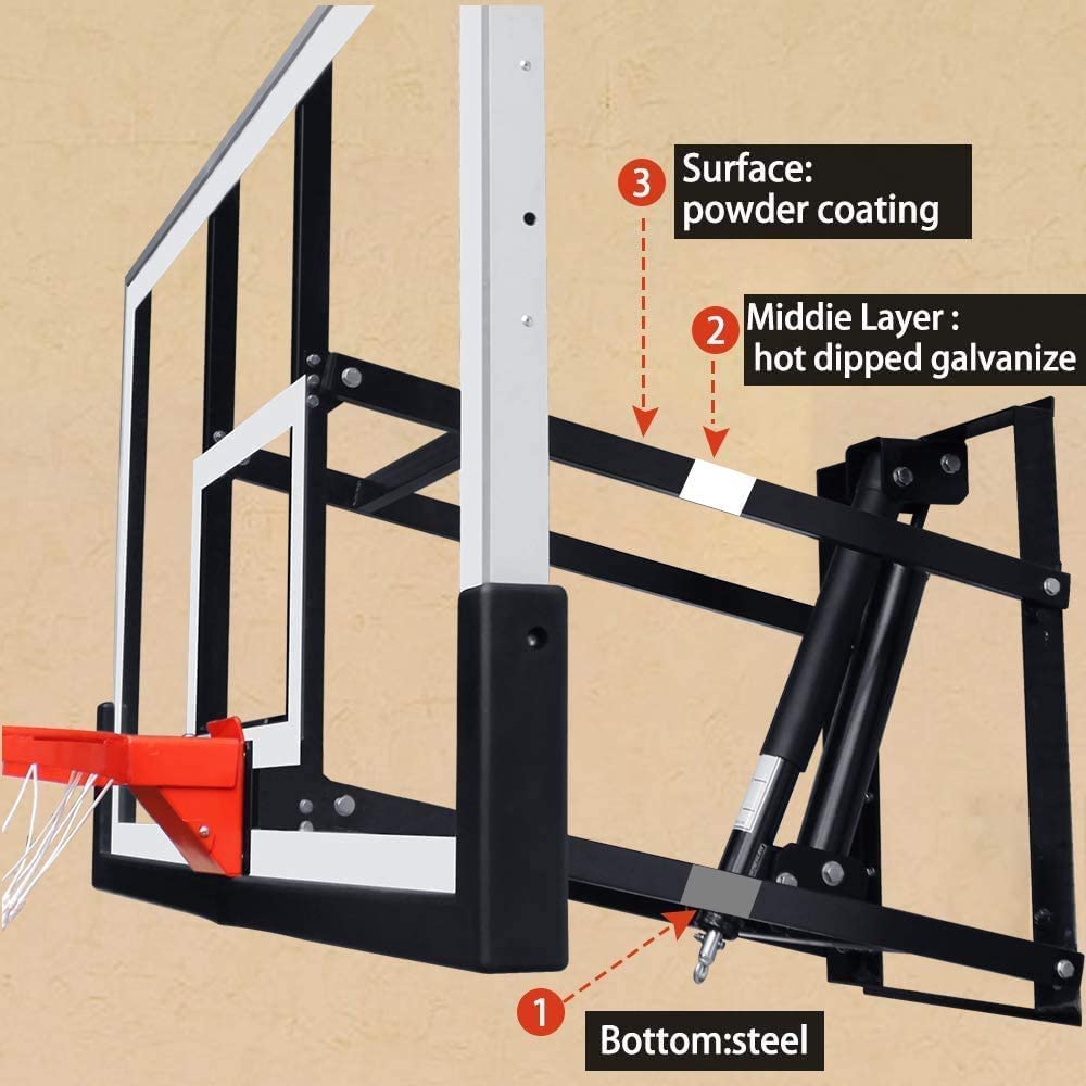 KATOP Basketball Hoop Wall Mount Garage with a 60''x36'' Tempered Glass Backboard, Pre Installed Pads and Heavy Duty Basketball Rim and Net, Effortlessly Height Adjustable from 7.5’’ to 10’’