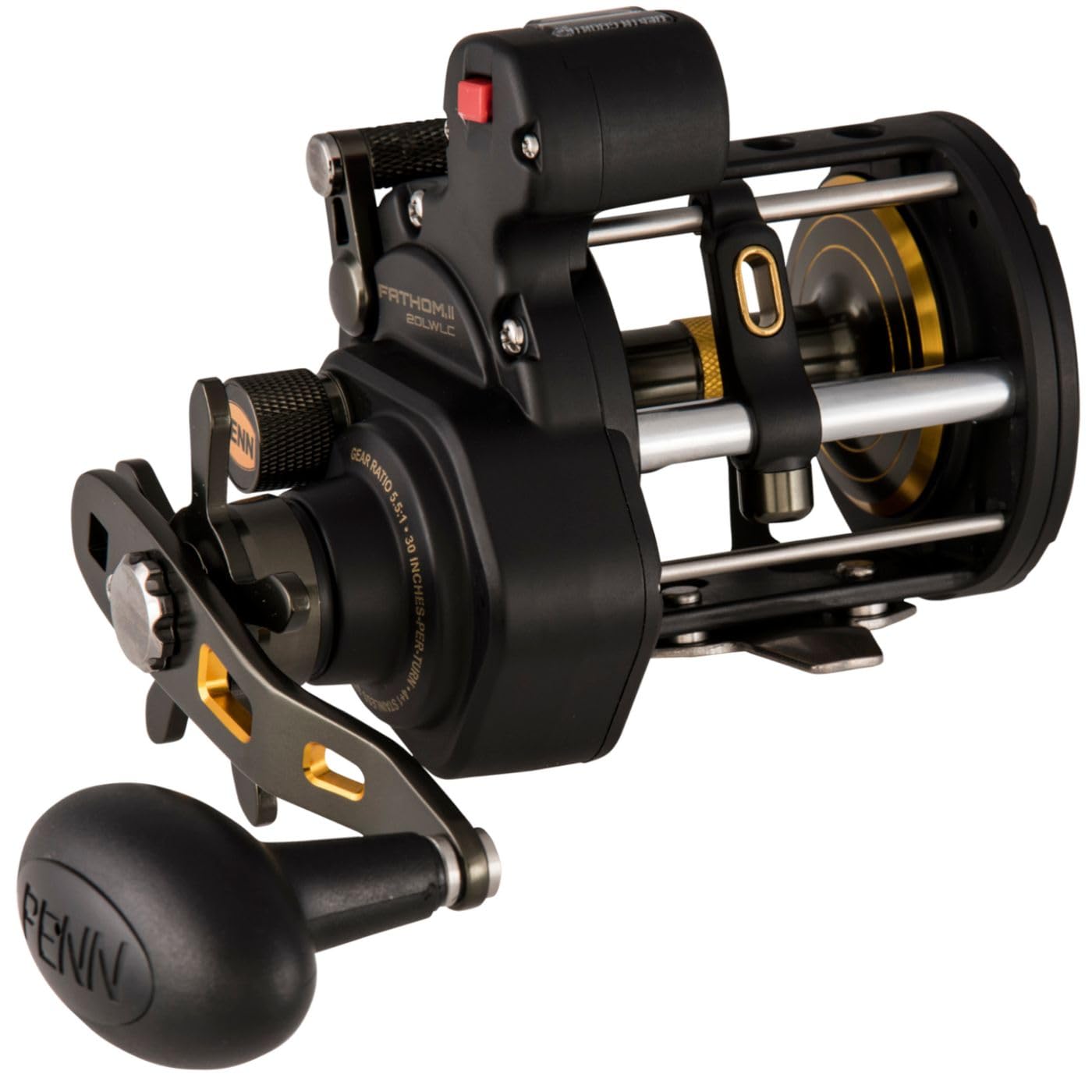 Penn, Fathom II Level Wind Line Counter Saltwater Casting Reel, 20, 5.5:1 Gear Ratio, 30" Retrieve Rate, 30 lb Max Drag, Right Hand, Black Gold