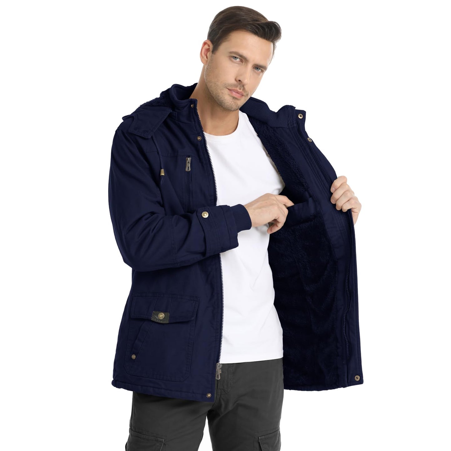 CHEXPEL Men's Thick Winter Jackets with Hood, Fleece Lining, Cotton Military Work Jackets with Cargo Pockets, Outwear