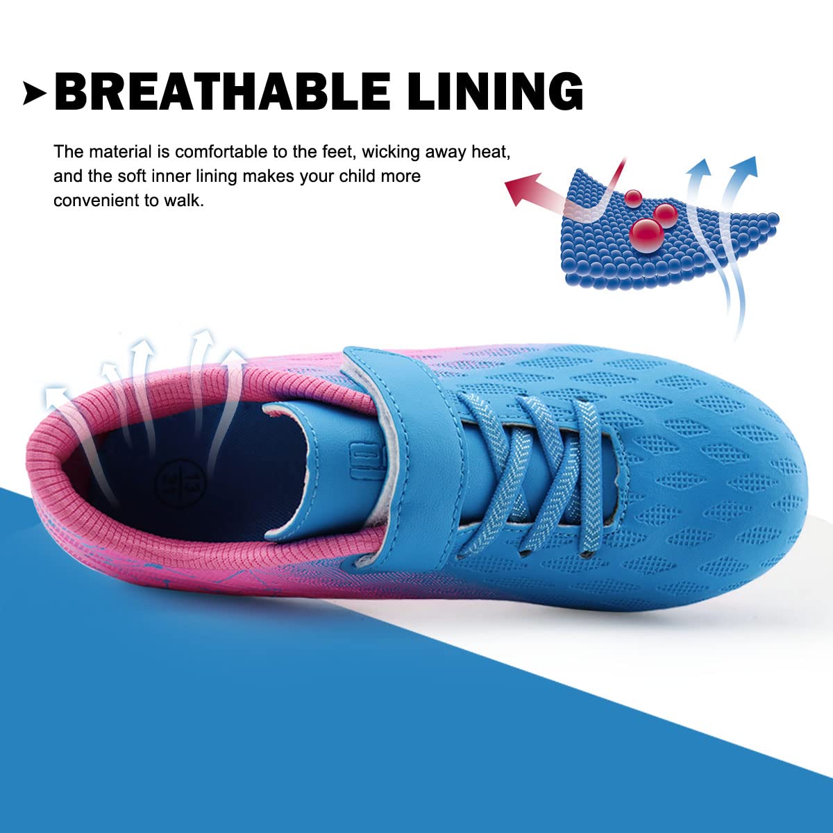 brooman Kids Firm Ground Soccer Cleats Boys Girls Athletic Outdoor Football Shoes (8,Blue Pink)