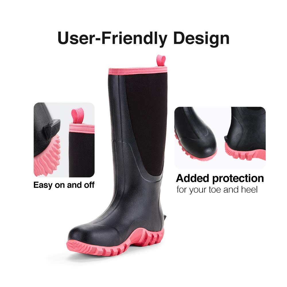 TIDEWE Rubber Boots for Women Multi-Season, Waterproof Rain Boots with Steel Shank, 6mm Neoprene Durable Rubber Outdoor Hunting Boots (Pink & Green)