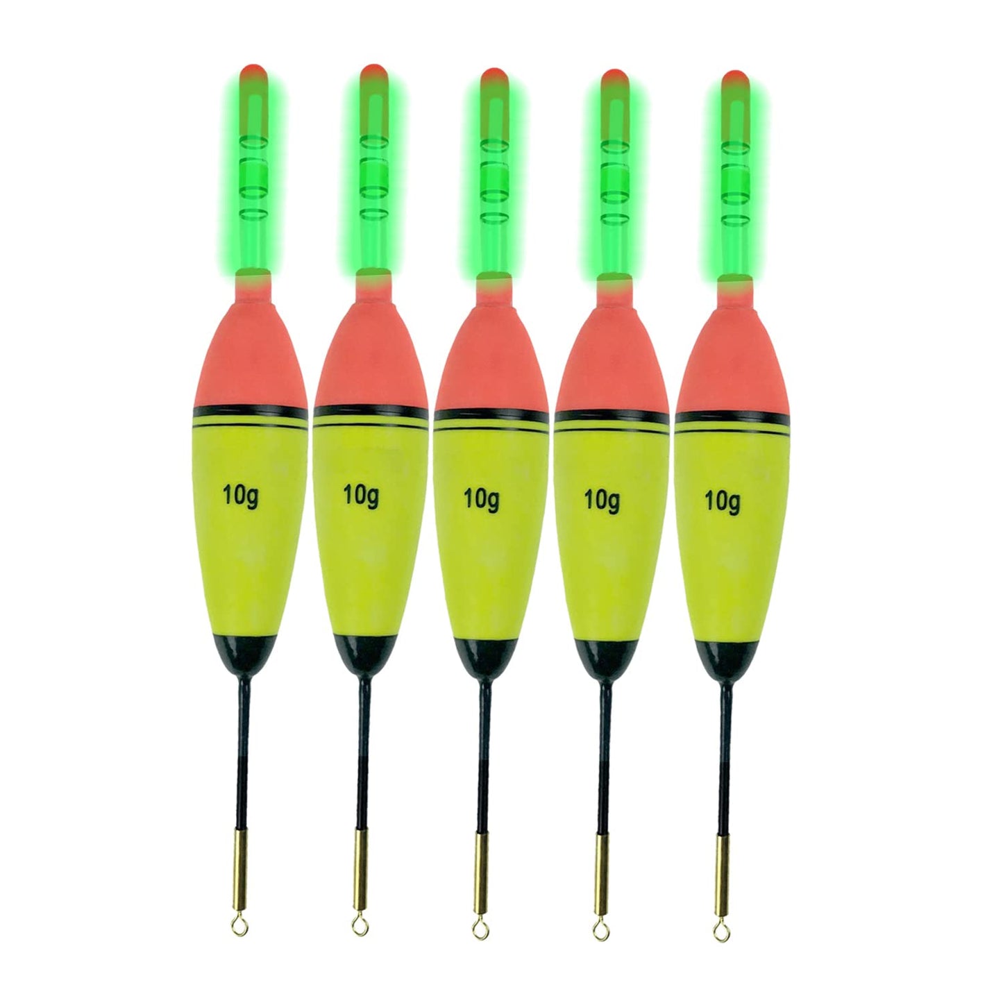 QualyQualy 5Pcs Lighted Fishing Bobbers EVA Foam Fishing Floats and Bobbers + 10Pcs Fishing Glow Sticks, Night Fishing Light Up Bobbers