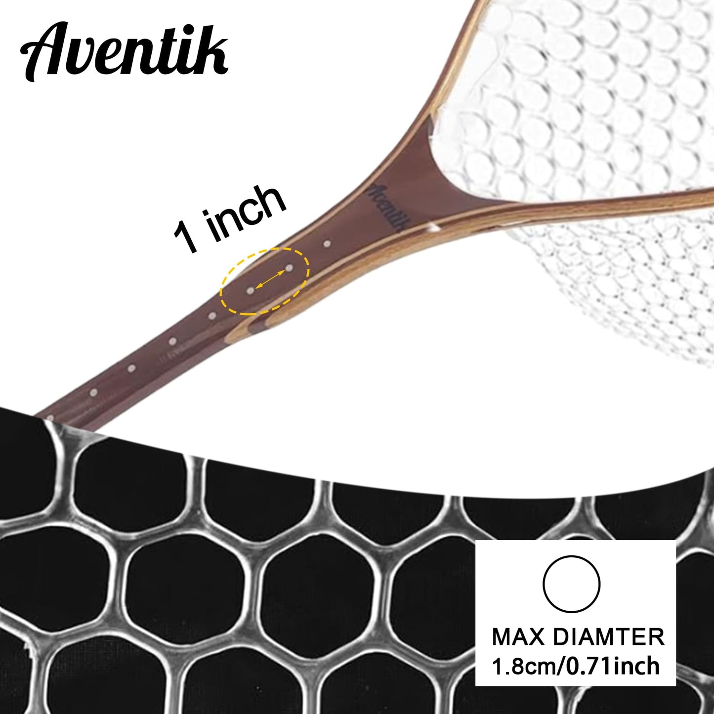 Aventik Fly Fishing Landing Net Trout Fishing Wooden with Measuring Mark Soft Rubber Net Bag Catch & Release