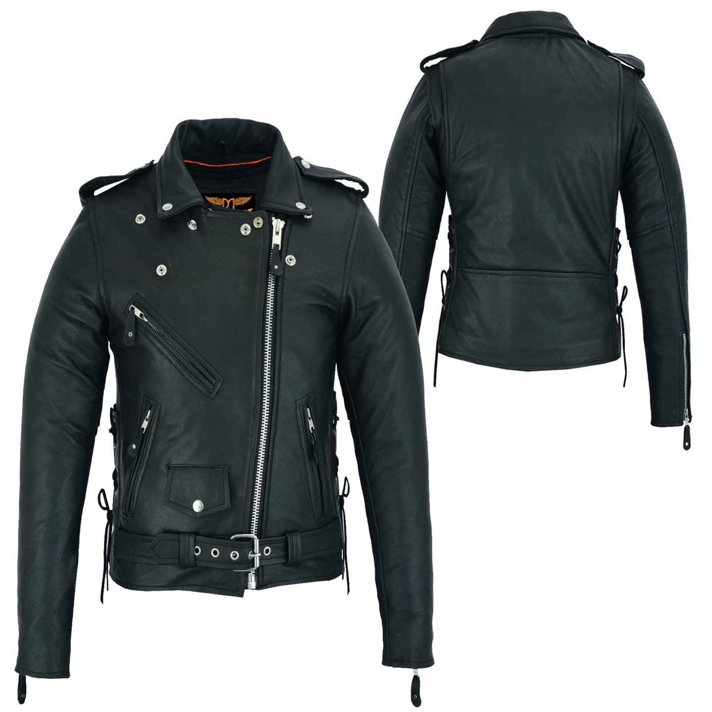 Dream Apparel Women’s Classic Leather Motorcycle Jacket with Zip Out Lining, Biker Jacket for Ladies with Side Laces, Black
