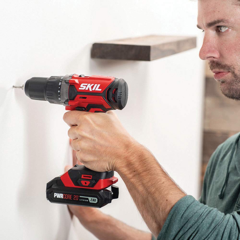 SKIL 20V 4-Tool Combo Kit: 20V Cordless Drill Driver Reciprocating Saw, Circular Saw and Spotlight, Includes Two 2.0Ah PWR CORE Lithium Batteries and One Charger - CB739701,Black, Red