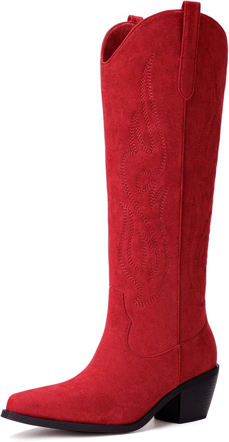 Pasuot Western Cowboy Boots for Women - Knee High Wide Calf Cowgirl Boots with Classic Embroidered, Slip On Pointed Toe Chunky Heel Fashion Retro Classic Pull On Tall Boot for Girls Ladies Fall Winter