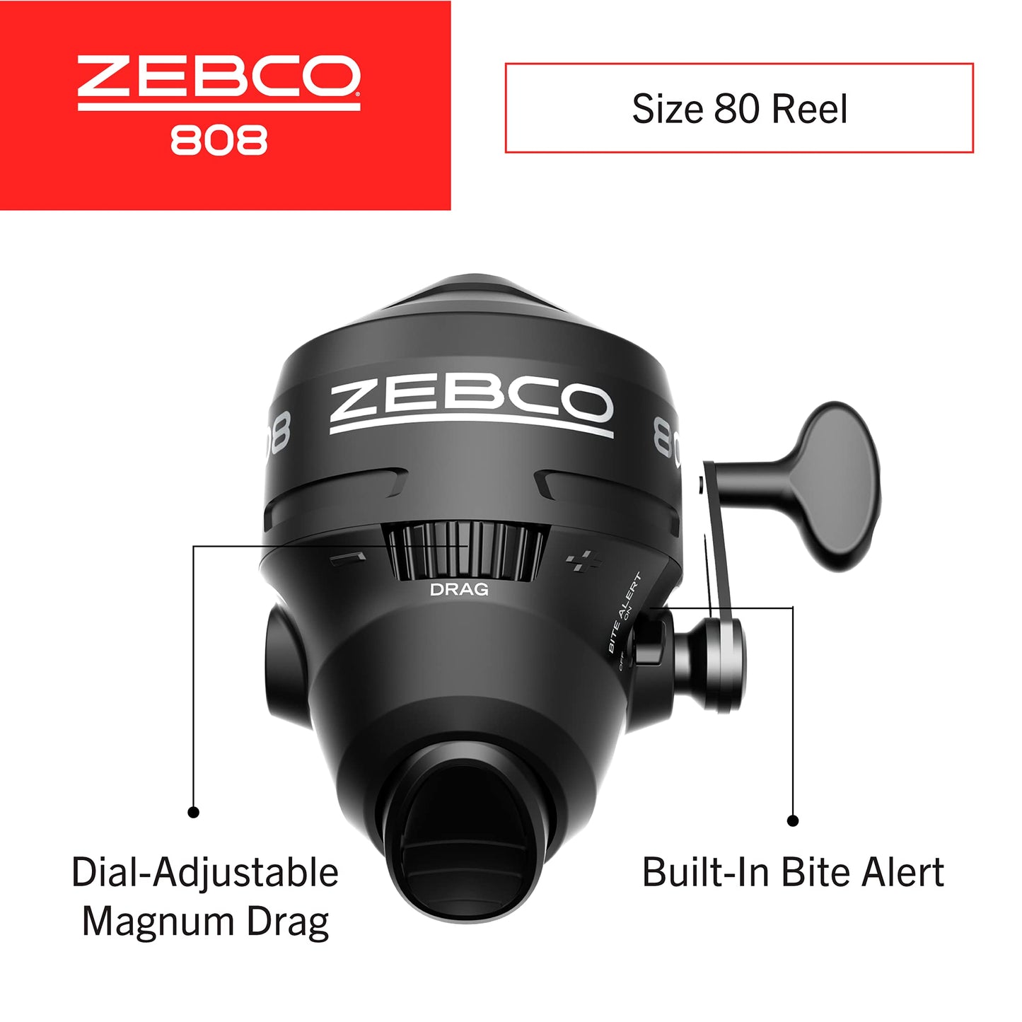 Zebco 808 Spincast Fishing Reel, Size 80 Reel, Changeable Right- or Left-Hand Retrieve, Pre-Spooled with 20-Pound Zebco Fishing Line, Dial-Adjustable Magnum Drag, Black