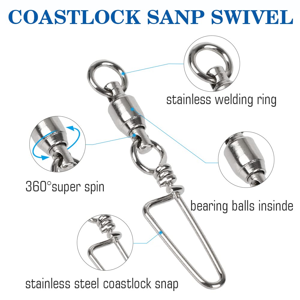 AMYSPORTS High Strength Fishing Snap Swivels Ball Bearing Swivels Stainless Fishing Swivels Saltwater Corrosion Resistance Barrel Swivel for Freshwater Fishing