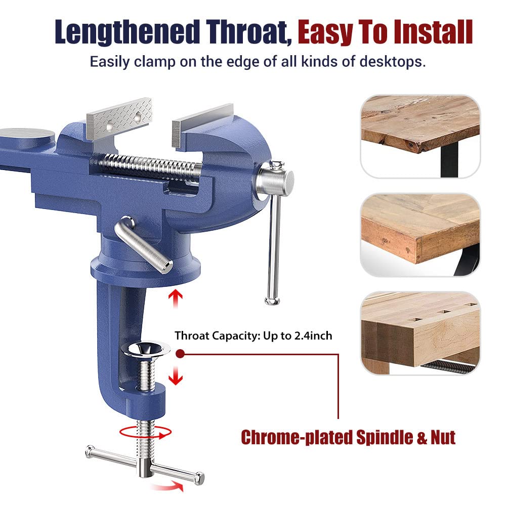 Nuovoware Table Vise 3 Inch, 360° Swivel Base Universal Home Vise Portable Bench Clamp, Clamp-on Vise Bench Clamps Fixed Tool for Woodworking, Metalworking, Cutting Conduit, Drilling, Sawing, Blue