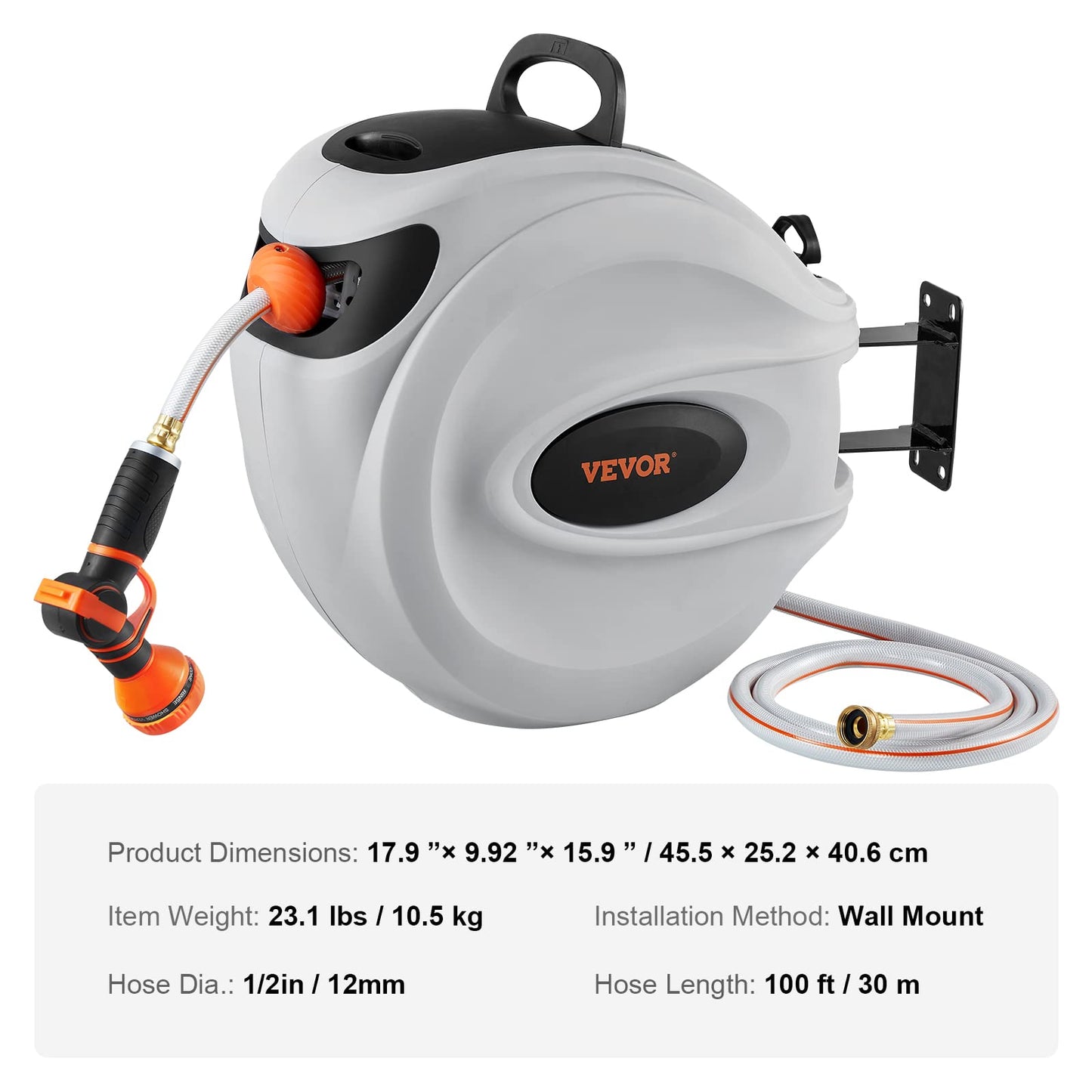 VEVOR Retractable Hose Reel, 65 ft x 5/8 inch, 180° Swivel Bracket Wall-Mounted, Garden Water Hose Reel with 9-Pattern Nozzle, Automatic Rewind, Lock at Any Length, and Slow Return System