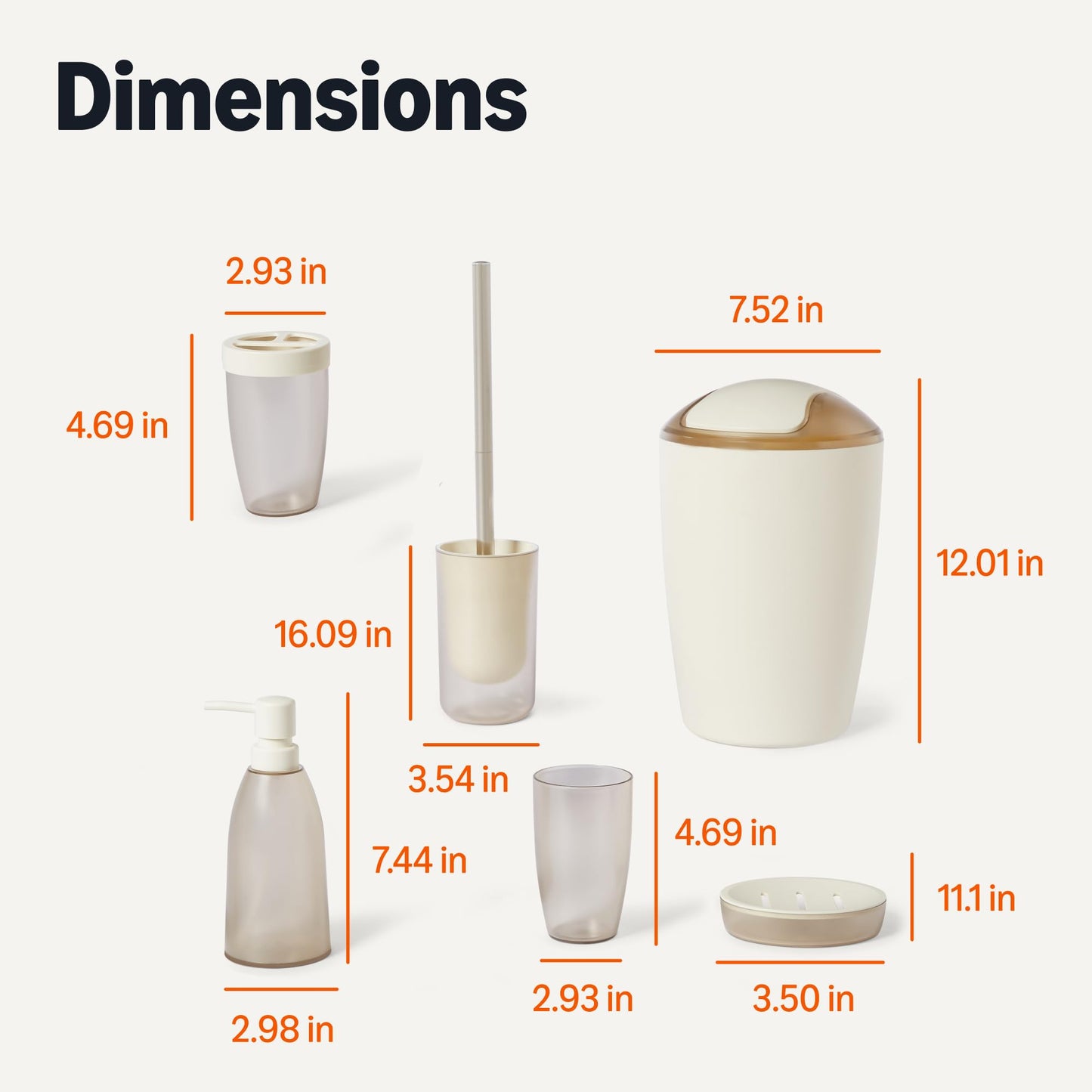 Amazon Basics 6-Piece Bathroom Accessory Set with Toothbrush Holder, Soap Dispenser, Soap Dish, Toothbrush Cup, Trash Can and Toilet Brush & Holder, Ivory