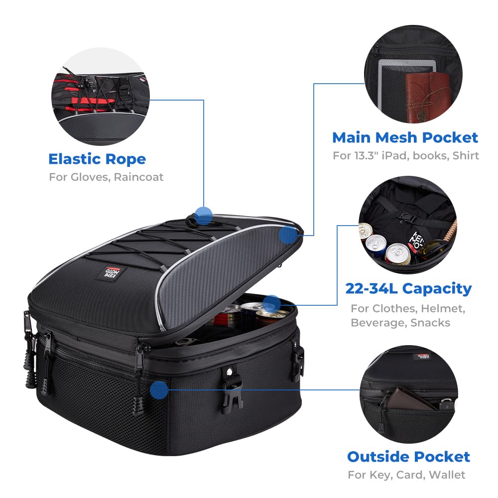 KEMIMOTO Motorcycle Tail Bag, Dual Use Motorcycle Rear Seat Bag with Waterproof Rain Cover, 22L-34L Expandable Motorbike Helmet Bag Luggage Storage Backpack with 6 straps