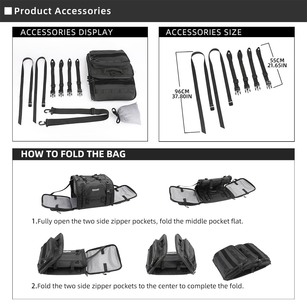 Rhinowalk Motorcycle Tail Bag, Expandable Motorcycle Travel Luggage Bags 60L, Waterproof All-Weather Trunk Rack Bag with Sissy Bar Straps & Helmet Rain Cover – Black