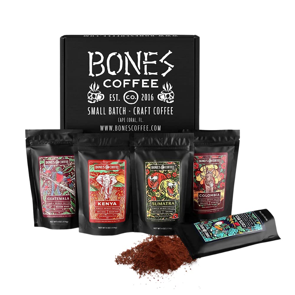 Bones Coffee Company World Tour Coffee Gift Set, 5 Packs Flavored Coffee, Medium Roast Low Acid, 4 Oz Ground