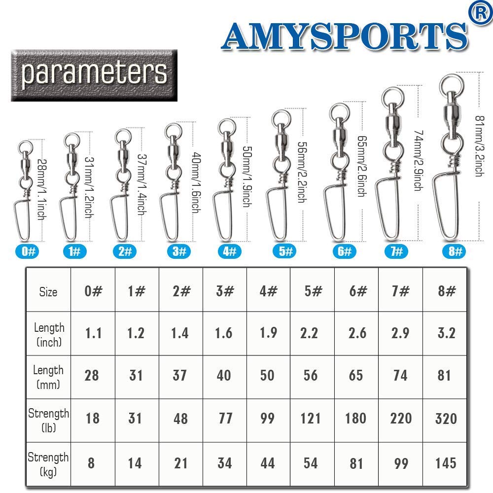 AMYSPORTS High Strength Fishing Snap Swivels Ball Bearing Swivels Stainless Fishing Swivels Saltwater Corrosion Resistance Barrel Swivel for Freshwater Fishing