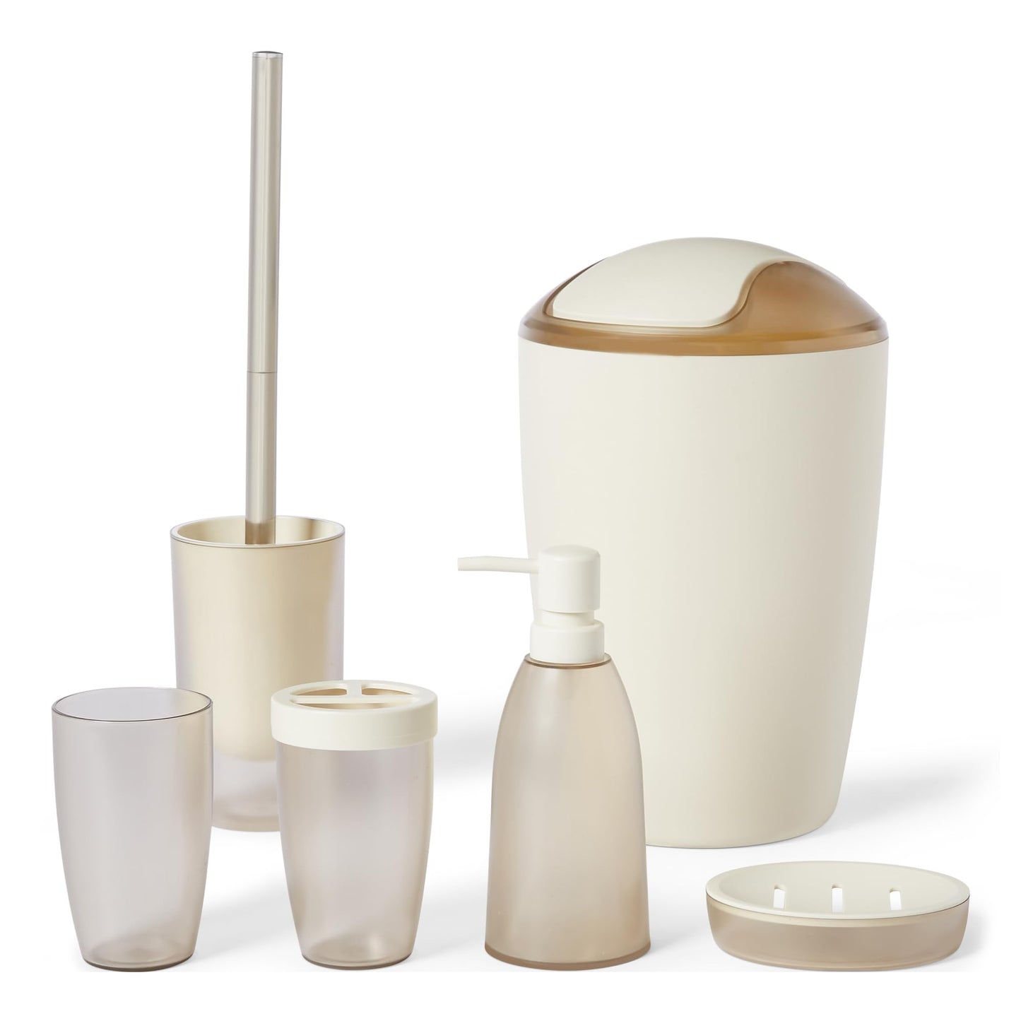 Amazon Basics 6-Piece Bathroom Accessory Set with Toothbrush Holder, Soap Dispenser, Soap Dish, Toothbrush Cup, Trash Can and Toilet Brush & Holder, Ivory