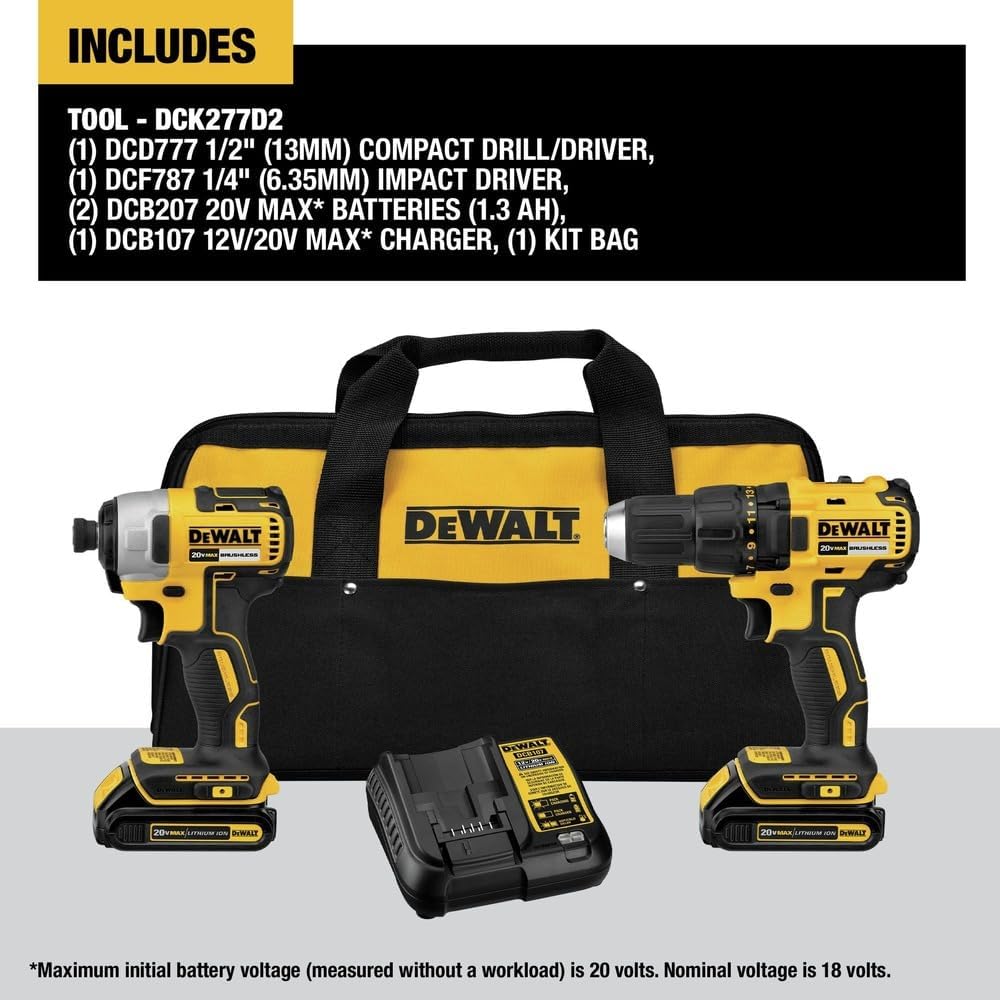DEWALT 20V MAX Cordless Drill, Impact Driver, 2-Tool Power Tool Combo Kit, Brushless Power Tool Set with 2 Batteries and Charger Included (DCK277D2)