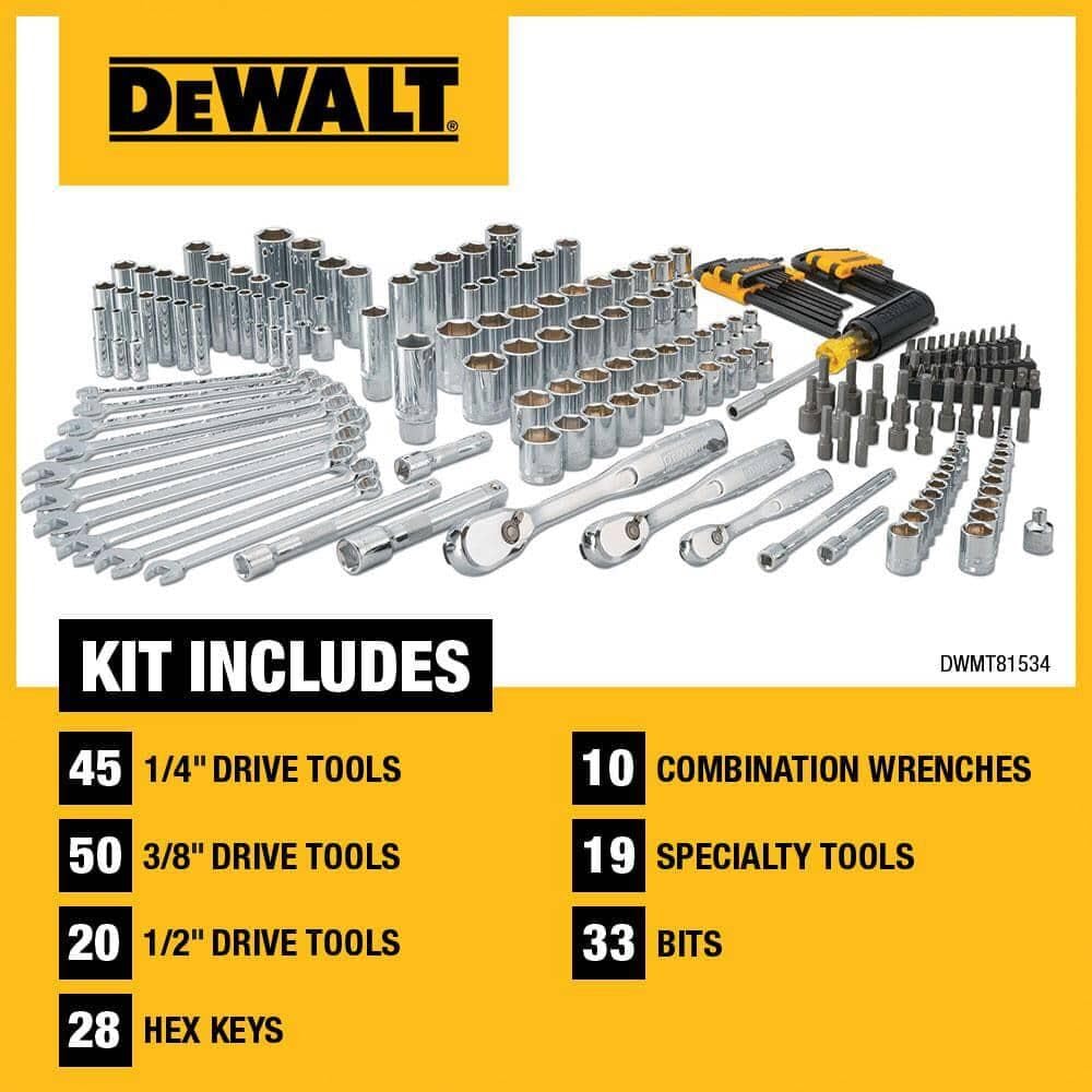 DEWALT Mechanics Tool Set, 1/4" & 3/8" & 1/2" Drive, SAE/Metric, 205-piece (DWMT81534)
