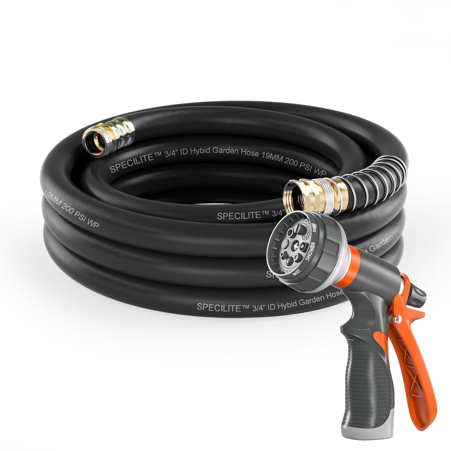 Garden Hose 50 ft x 5/8 in Heavy Duty, Flexible and Lightweight Water Hose, Burst 600 psi, Kink-less Hybrid Rubber Hose for Backyard, 3/4'' Brass Fittings