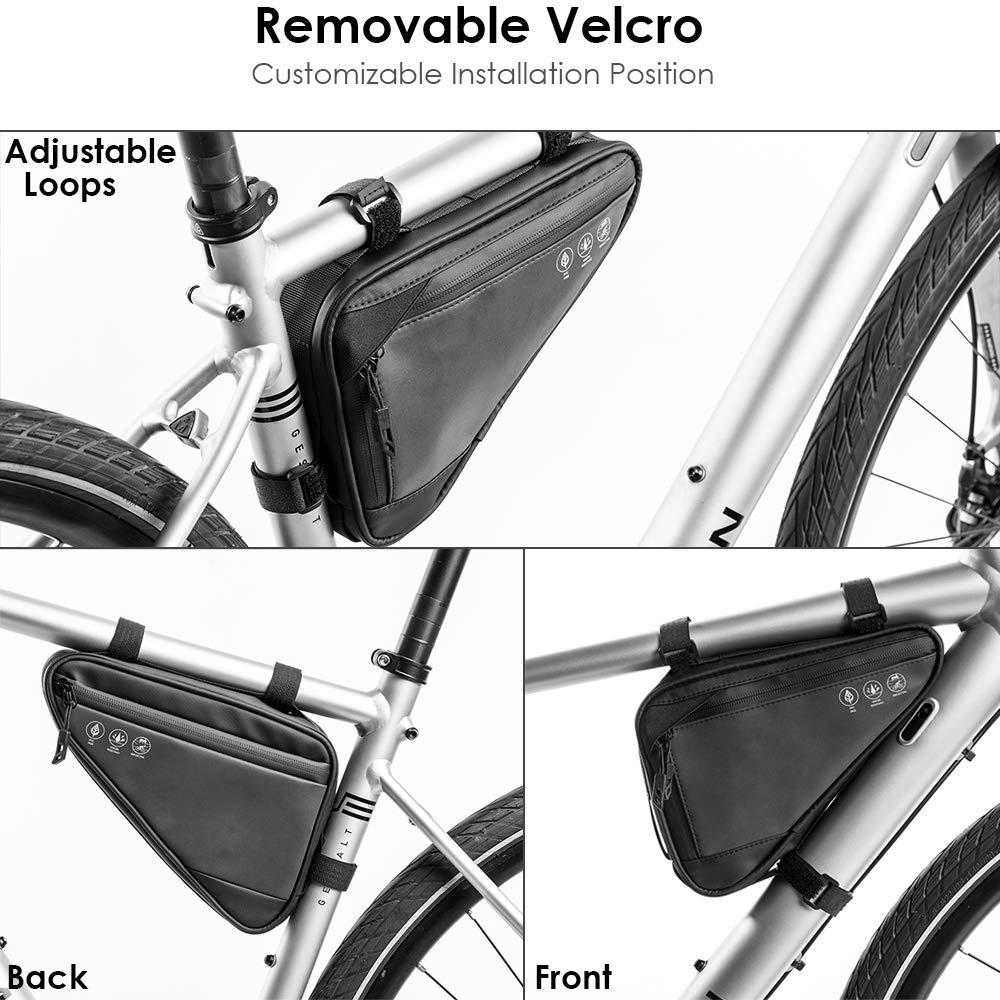WOTOW Bike Frame Storage Bag, Water Resistant Reflective Bicycle Triangle Bag with Two Side Pockets, Strap-On Under Seat Tool Accessories Pouch for Mountain Road Bike Trip (2L)