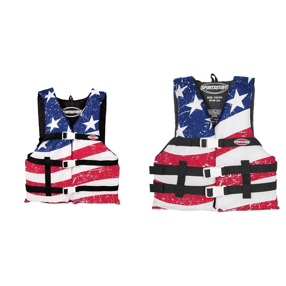 Sportstuff Type III Life Jacket US Coast Guard Approved Open Sides with 3 Body Belts & Buckles Quick Dry Fabric, Secure Fit, Comfortable Stars & Stripes