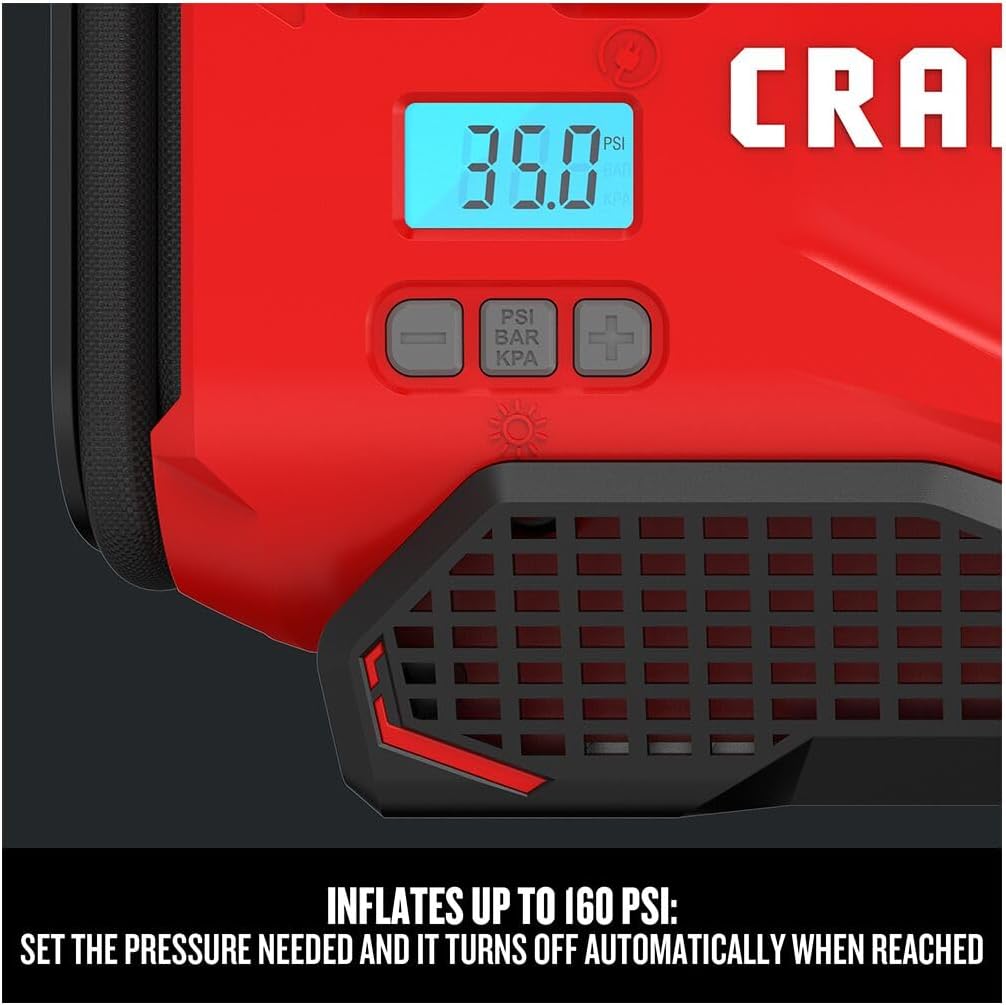 CRAFTSMAN V20 Tire Inflator, Portable Air Compressor, 3 Modes: Cordless, 120V Corded, and 12V Car Adapter, Air Pump, Battery Sold Separately (CMCE520B)