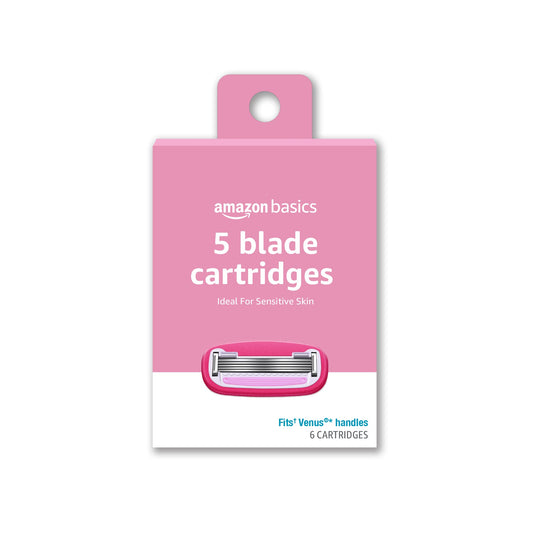 Amazon Basics Women's 5-Blade Razor Refills for Smooth Close Comfortable Shave, Moisturizing, Fits Venus Handles, 6 Cartridges